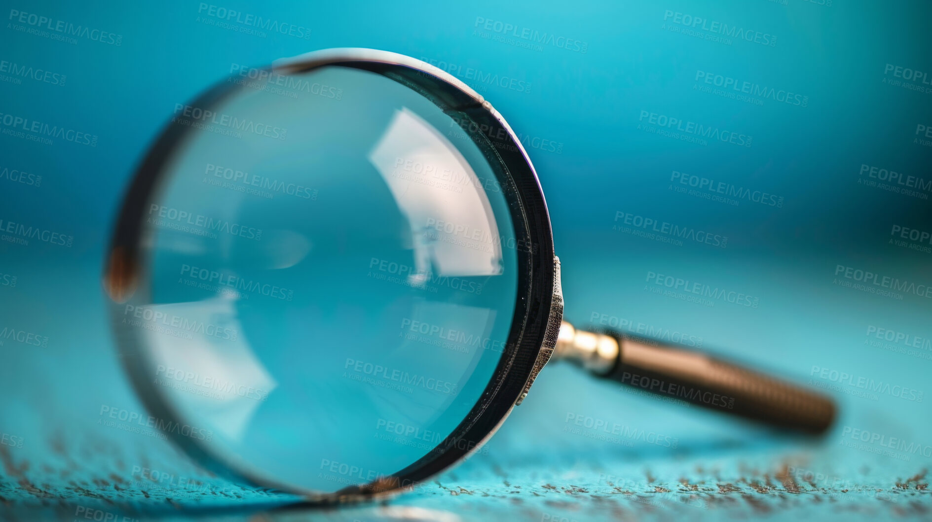 Buy stock photo Magnifying glass, looking and reading or investigation for research with discovery, problem solving or exploring. Tool, lens and evidence equipment or book text for learning, instrument or detective