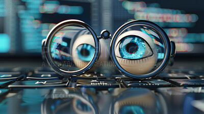 Glasses, eyes and laptop with code for programming, artificial intelligence or cybersecurity. Closeup of spectacles, magnifier or optical lens for AI, coding or information technology on computer