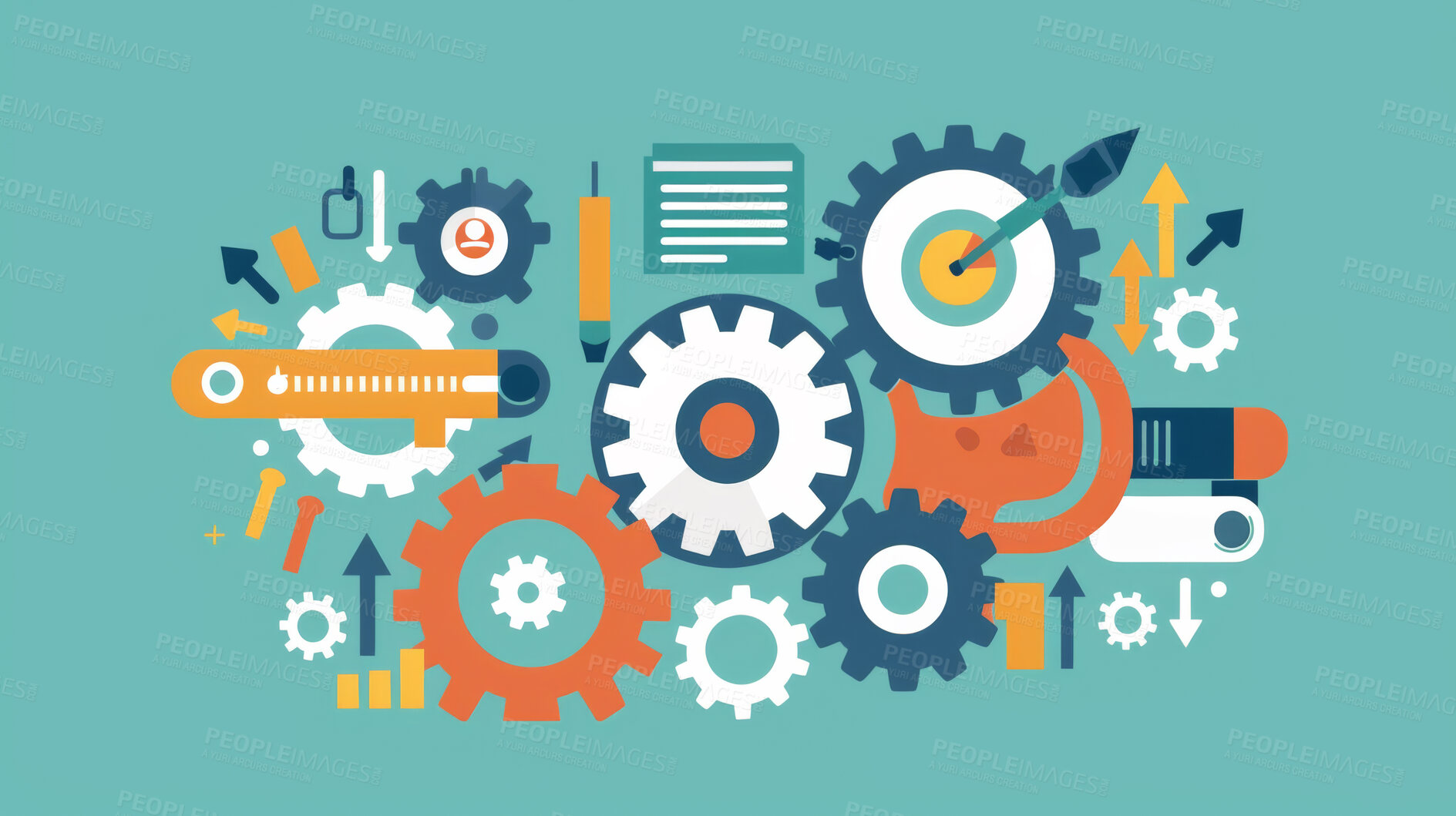 Buy stock photo Cog, gear and illustration for internet, system or software integration in digital design on green background. Wheel and circle for connection, power and engineering machine in information technology