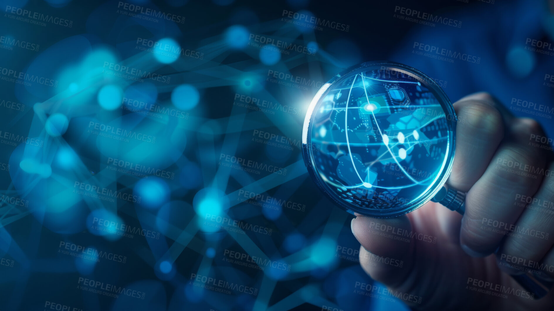 Buy stock photo Social network, global connection and instant communication and hand with holographic database. Digital future, cloud computing and electronic web server with 3D technology abstract background