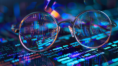 Glasses, code and programming with digital script, language or software development at night. Closeup of spectacles for reading or writing on screen, display or interface for cybersecurity or hacking