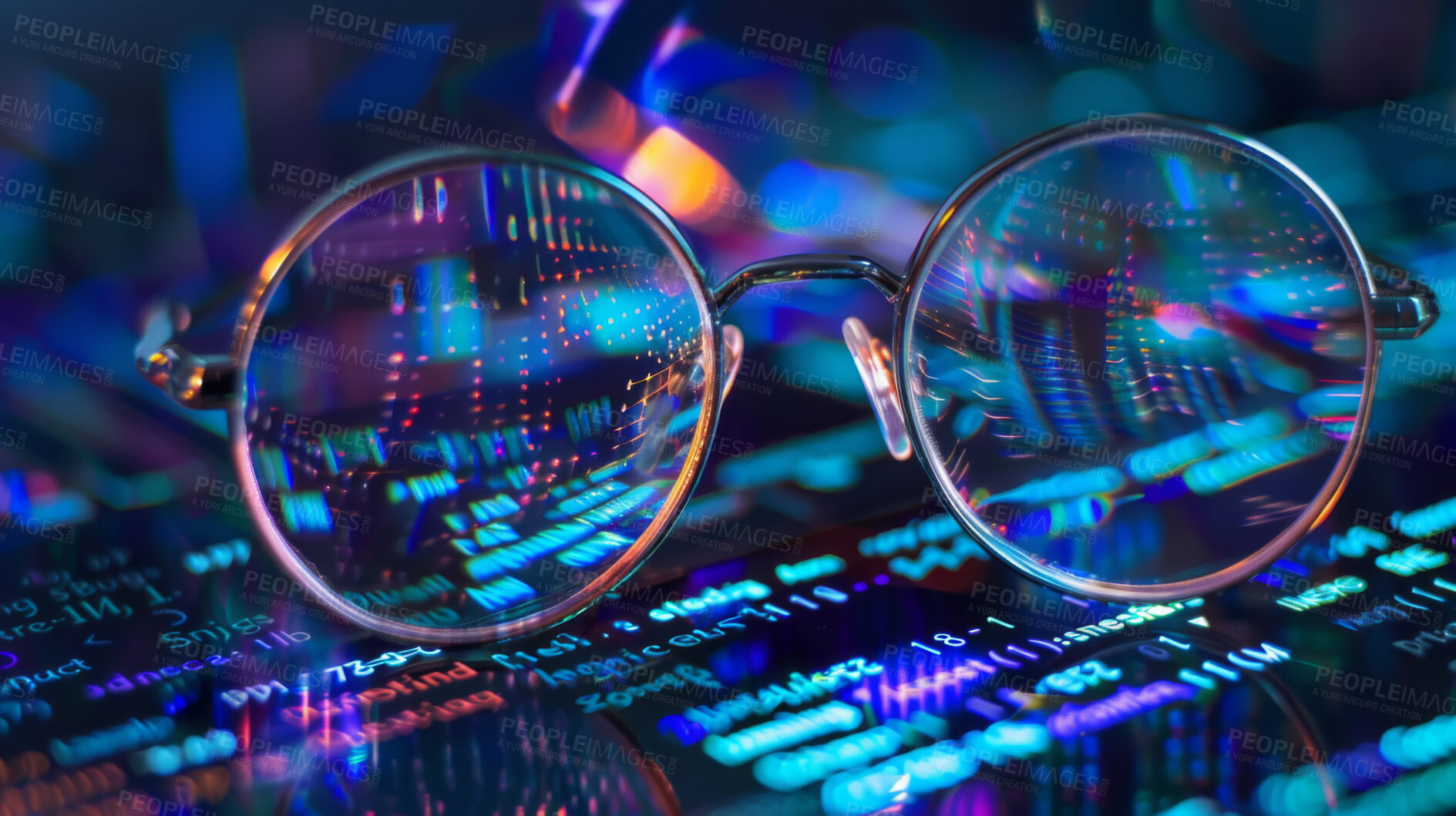 Buy stock photo Glasses, code and programming with digital script, language or software development at night. Closeup of spectacles for reading or writing on screen, display or interface for cybersecurity or hacking