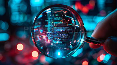 Hand, magnifying glass and statistics graphs for growth of stock market for research, investment or economy. Person, tool and charts profit with trading finance or investigating, analysis or bokeh