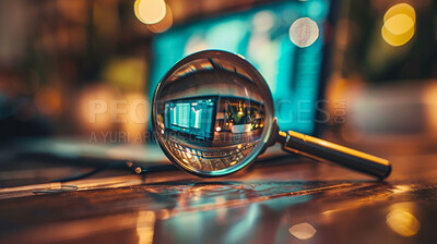 Magnifying glass, laptop and statistics charts as analysis for stock market investigation, research or investment. Lens, tool and screen for trading algorithm or watching economy, looking or bokeh