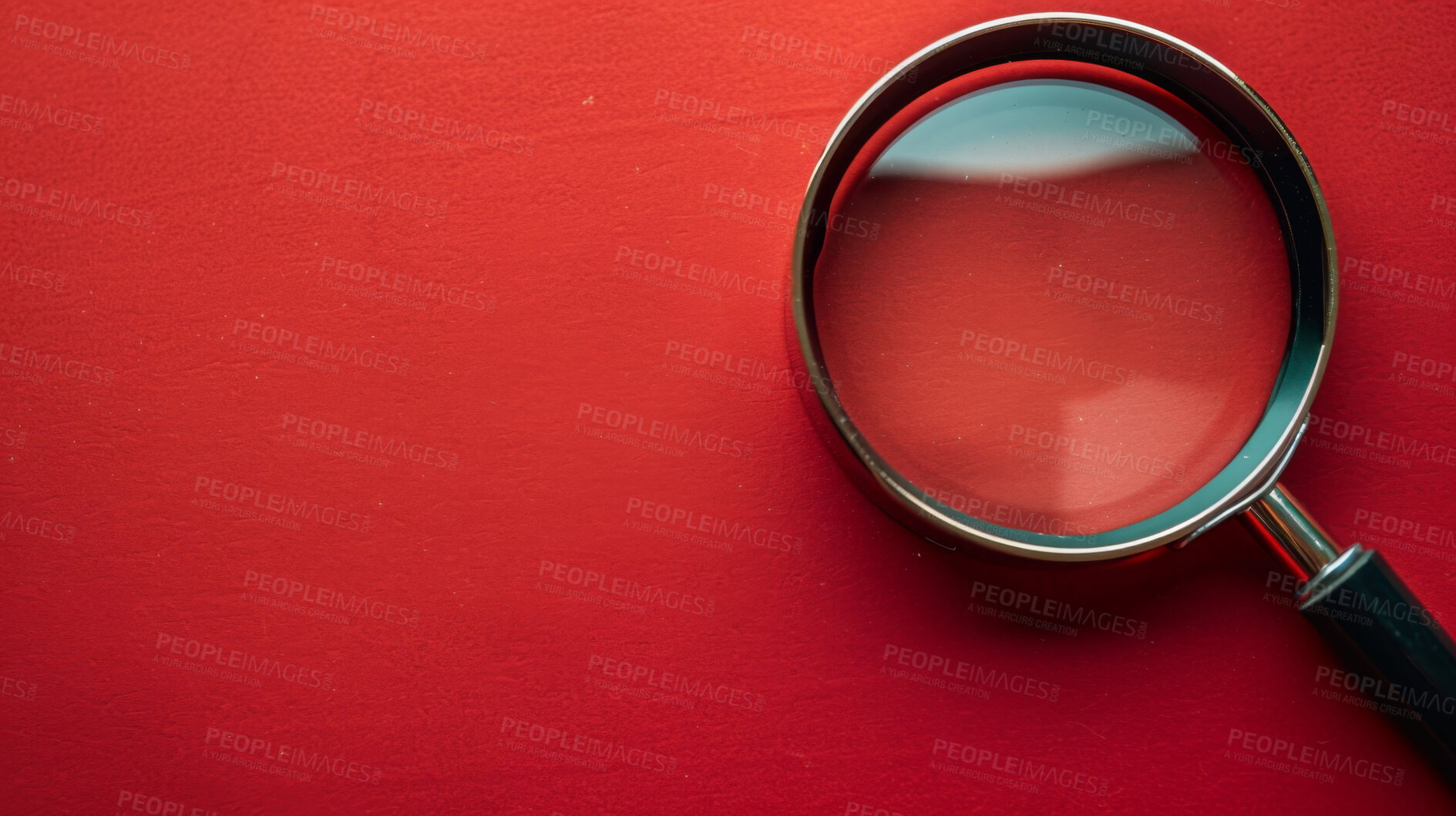 Buy stock photo Magnifying glass, search and reading or investigation for looking, internet or red background. Tool, lens and browse online with mockup space or connectivity finding on website, information or above