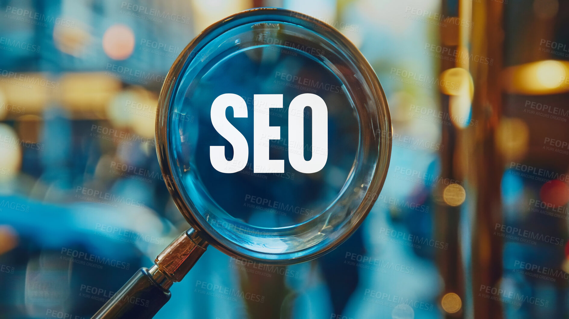 Buy stock photo Internet, seo and magnifying glass for website connection, data and networking for digital marketing. Solution, online research and benefits of target market analysis for search engine optimization