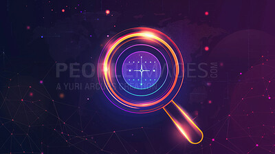 Digital, investigation and magnifying glass for search on internet, cyber network and online website. Detective, inspection and equipment, lens and tool for solution, problem solving and discovery
