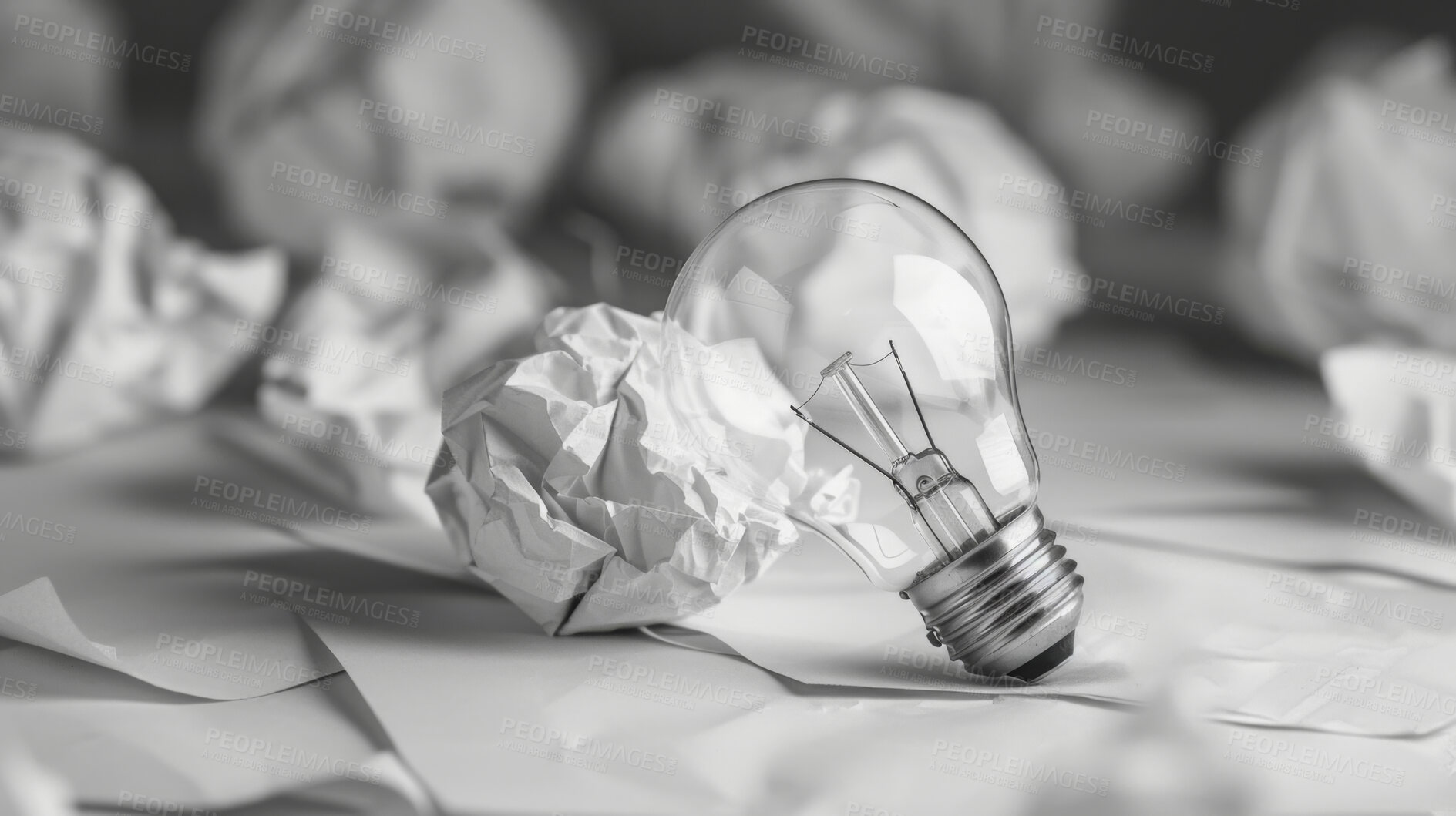 Buy stock photo Light bulb, ideas and crumpled paper for creative solution, writing and brainstorming on desk. Research, planning and inspiration with power, goal or problem solving for startup project or career