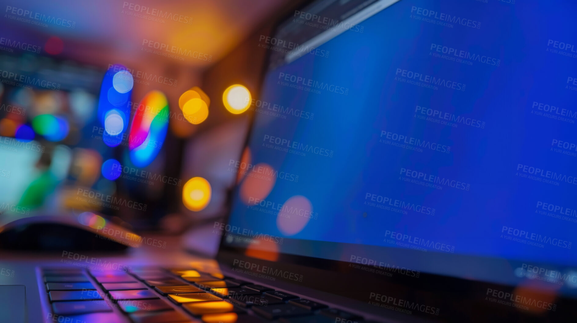 Buy stock photo Laptop, digital and up close with online keyboard, electronic pc and networking on internet search engine for browsing. Information technology, communication and web streaming movies or gaming 