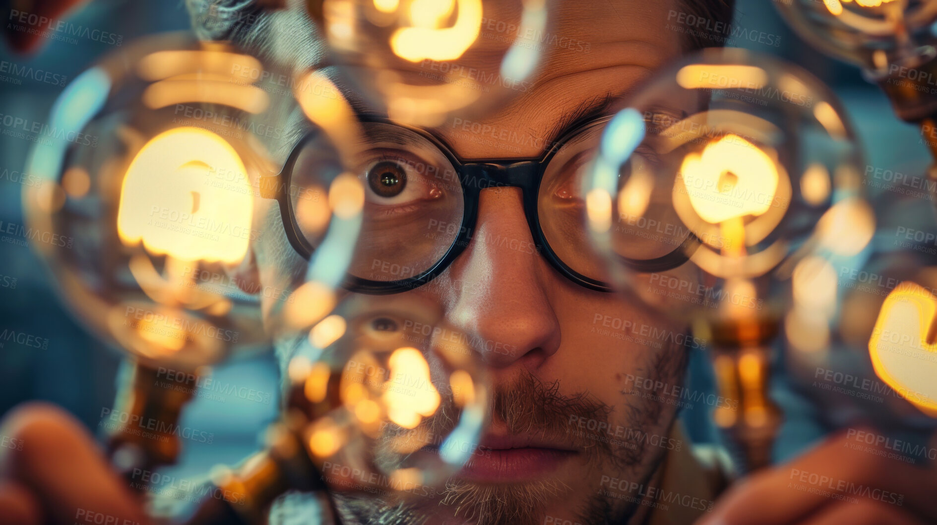 Buy stock photo Thinking, idea and face of man with lightbulb for brainstorming, electrical innovation and solution. Creative, engineer and person with lights for inspiration, invention and problem solving at night