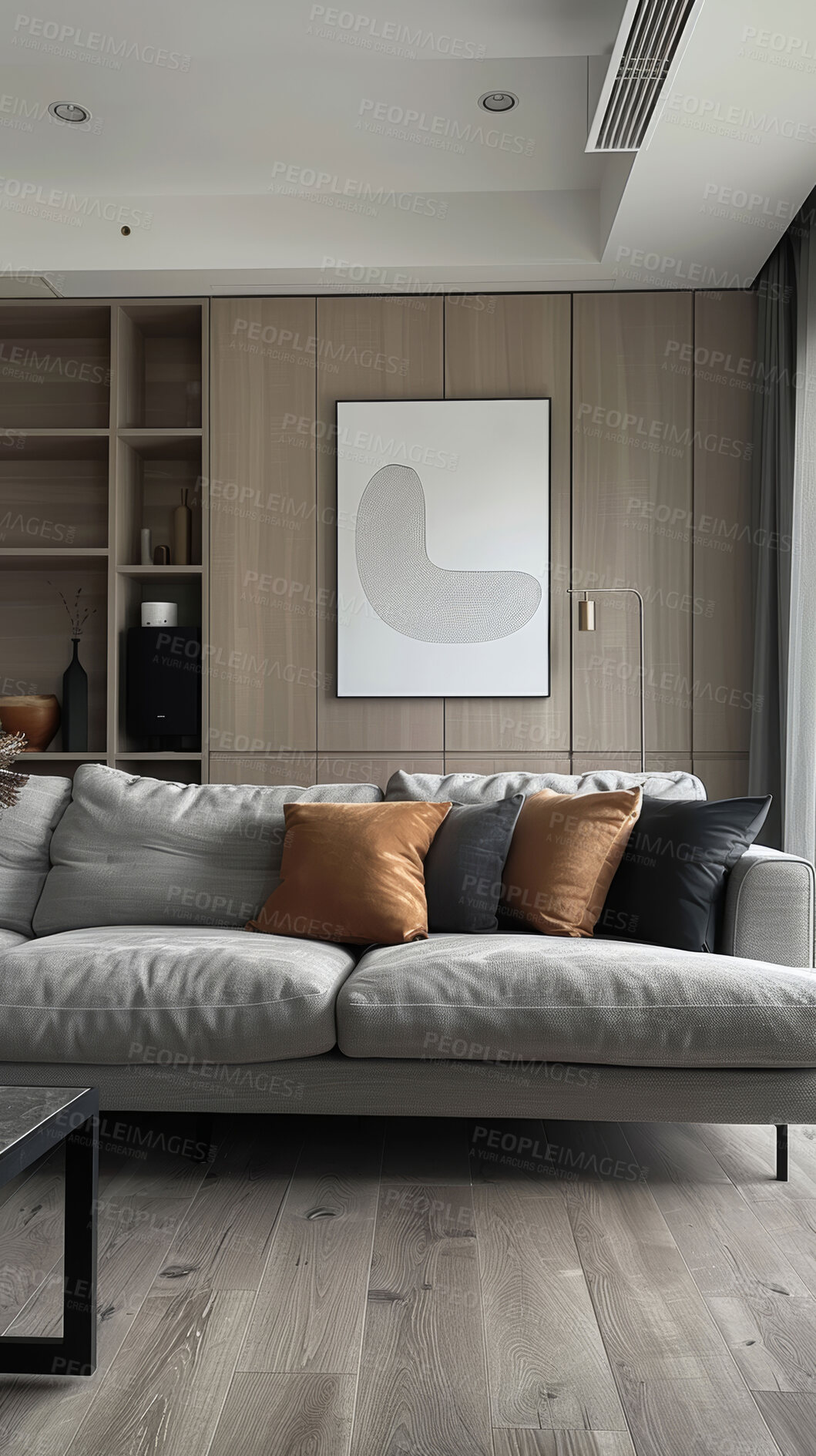 Buy stock photo Couch, interior design and living room in home, sofa and furniture in accommodation. Lounge, indoor and feng shui and decoration for modern house, minimal property and architecture or real estate