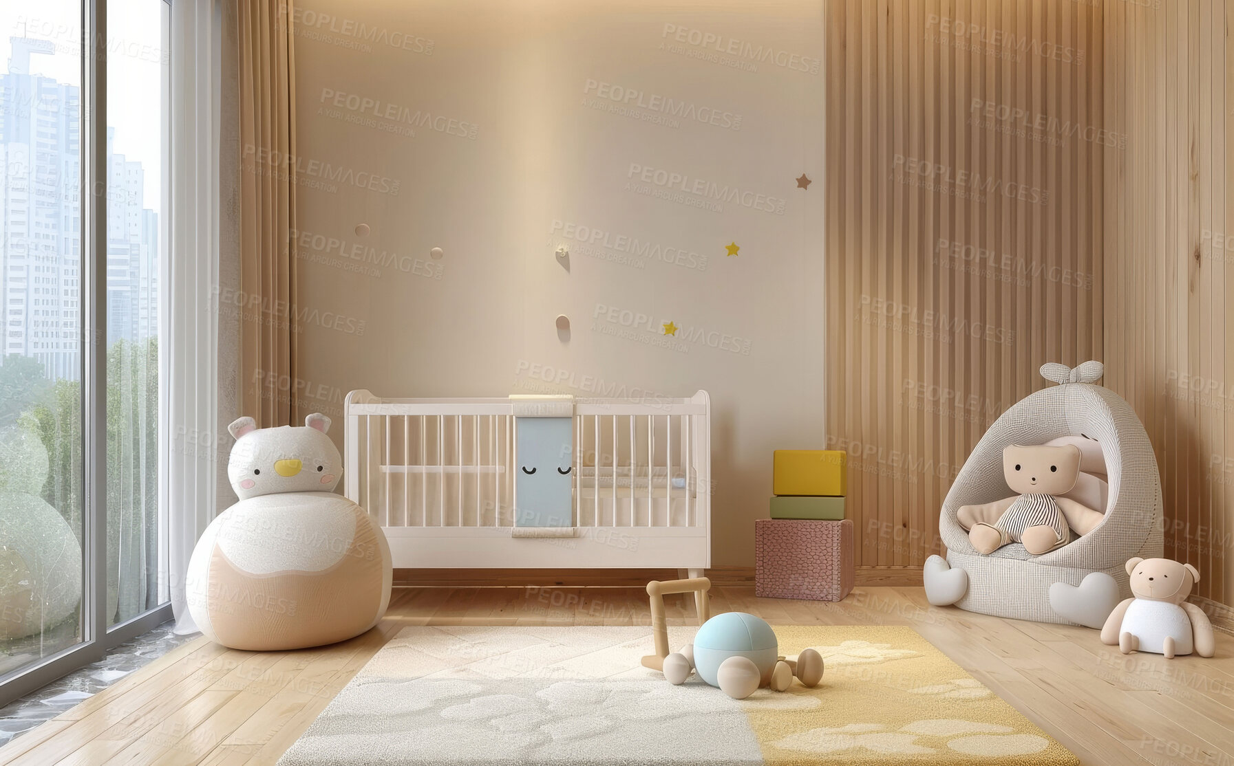 Buy stock photo Nursery, interior design and children room in home, crib and furniture in accommodation. Bedroom, indoor and teddy bear for decoration in modern house, minimal and layout of kids space with toys 