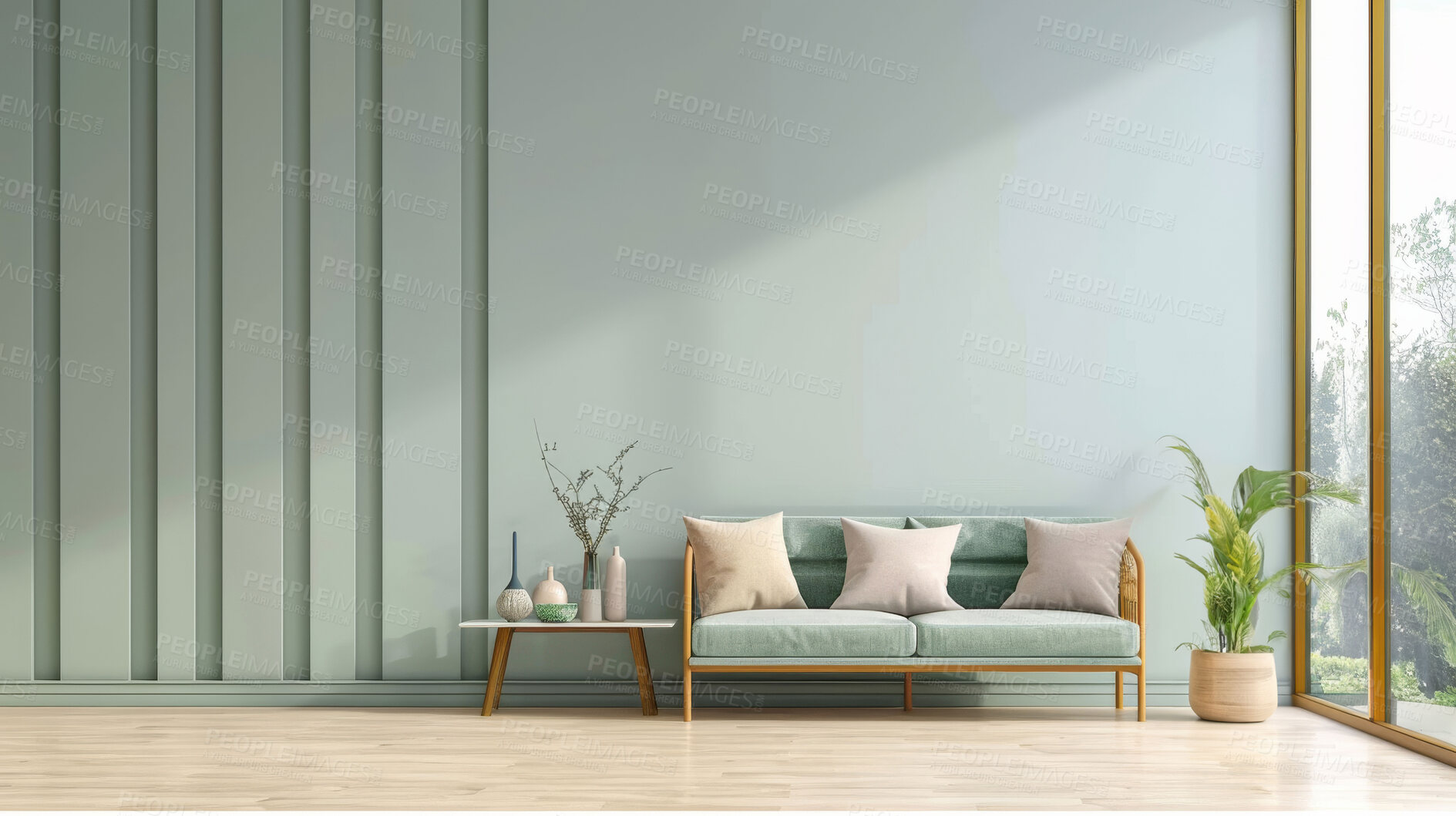 Buy stock photo Home, furniture and sunshine with minimalism, wall and mockup space with ergonomics. Empty, sunlight and window with chair, sofa or interior design with modern style and lounge with plants or coach