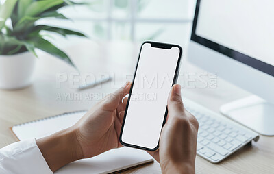 Smartphone, screen and mockup in office with hands, online app and website search on social media for branding. Advertising, display for networking and virtual business, internet with employee