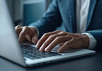 Computer, hands and businessman typing in office with finance inflation research for stock trading. Investment, technology and professional financial advisor working on laptop keyboard in workplace.