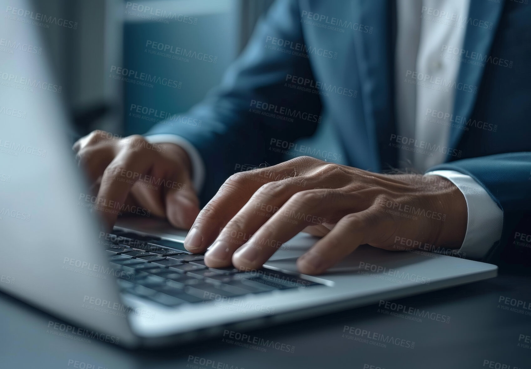 Buy stock photo Computer, hands and businessman typing in office with finance inflation research for stock trading. Investment, technology and professional financial advisor working on laptop keyboard in workplace.