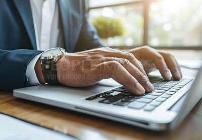 Laptop, hands and businessman typing in office with financial inflation research for stock buying. Investment, technology and closeup of professional finance advisor working on computer keyboard.