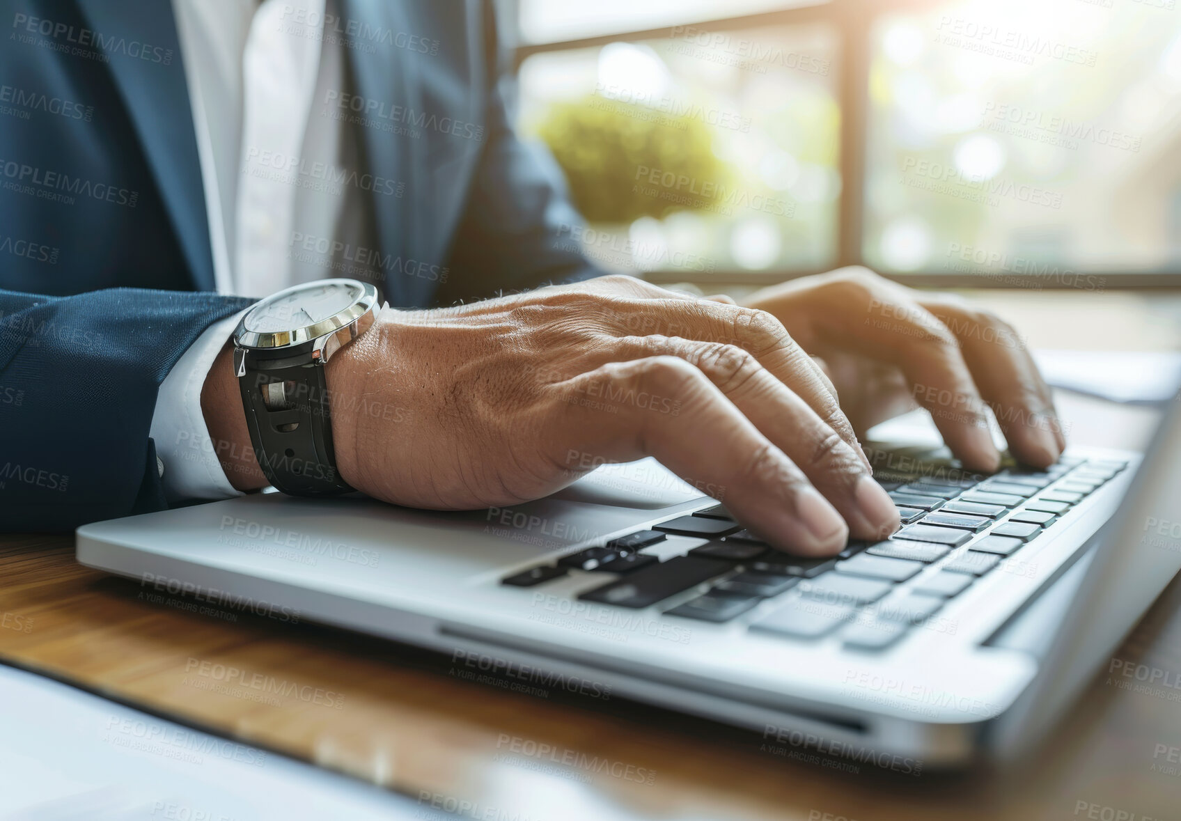 Buy stock photo Laptop, hands and businessman typing in office with financial inflation research for stock buying. Investment, technology and closeup of professional finance advisor working on computer keyboard.