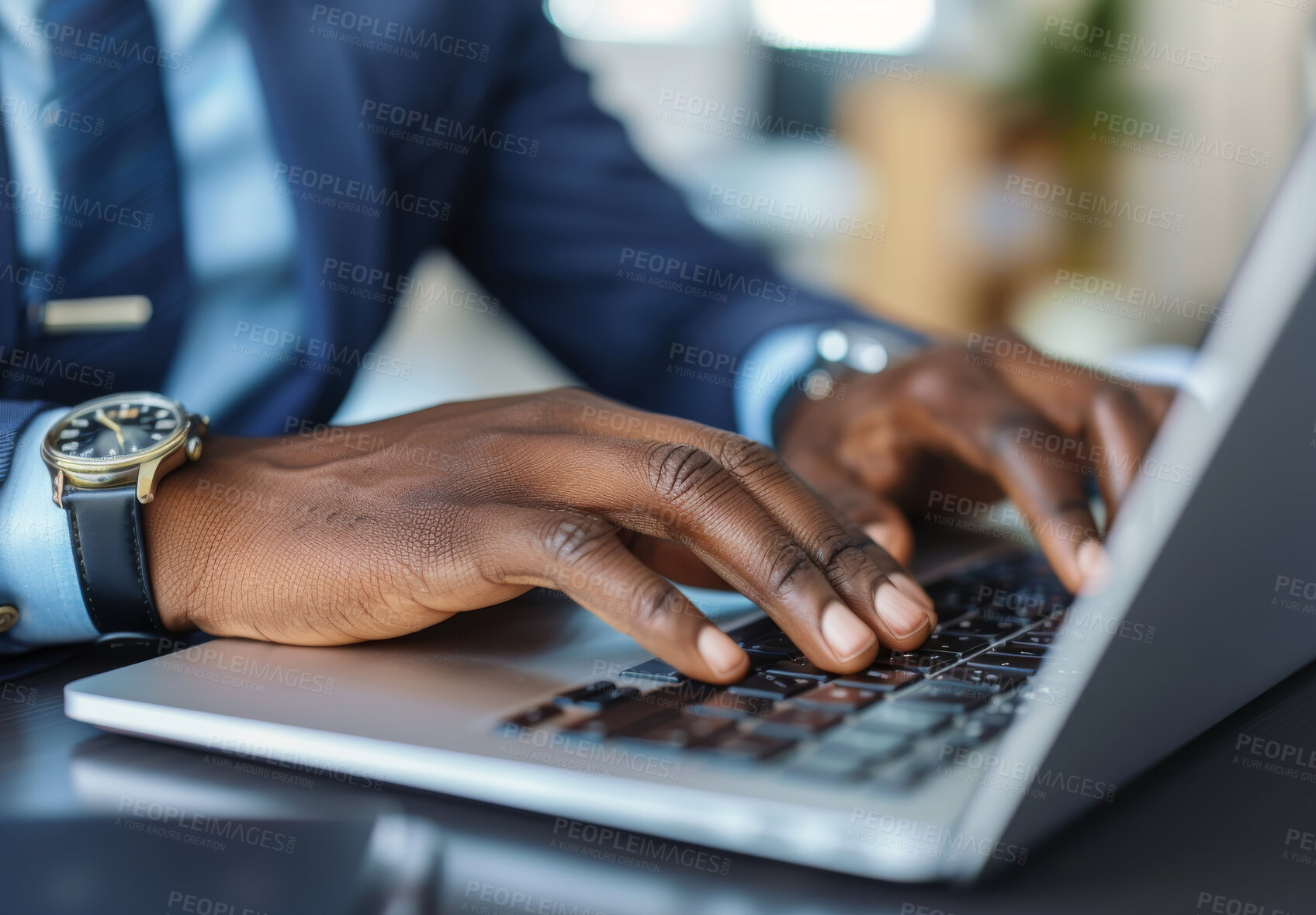 Buy stock photo Laptop, hands and African businessman typing in office with finance inflation research for stock buying. Investment, technology and male financial advisor working on computer keyboard in workplace.