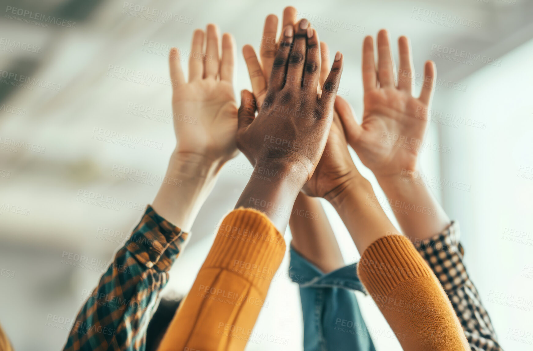 Buy stock photo People, diversity and high five with hands, collaboration and career and project success. Business, employees and team building together, celebration and motivation for teamwork or positive gesture