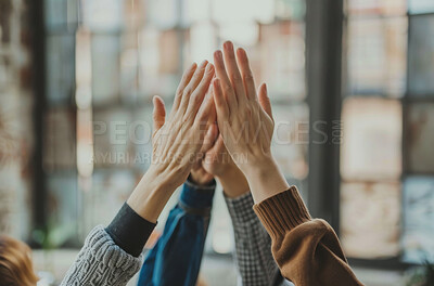 High five, hands and business people for in office for celebration, achievement or success on creative project. Teamwork, motivation and group of employees for solidarity, support or community