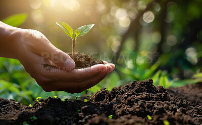 Plants, hand and sustainability for eco friendly, agriculture or earth day gardening in nature. Environment, leaves and person for planting, sapling soil or natural development for green project