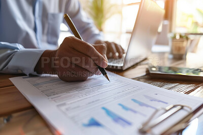 Hands, computer and document at cafe for online registration of small business or startup in e commerce. Person or investor with paperwork, clipboard and writing signature for investment agreement