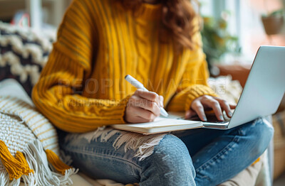 Student, laptop and hand with pen on journal for education, brainstorming and studying at home. Woman, book and digital technology with paper for elearning, knowledge and research in online course