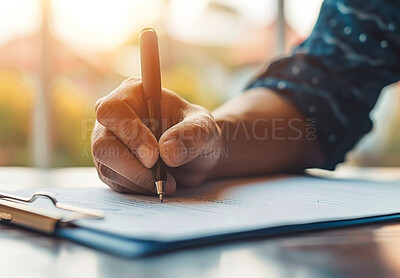 Person, documents and hand with pen on paper for legal agreement, information or application. Administration, contract and clipboard with proposal for business deal, partnership and investment