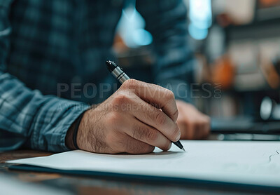 Person, hand and contract with pen and documents for legal agreement, application or information. Administration, process and paperwork with signature for investment proposal or business deal