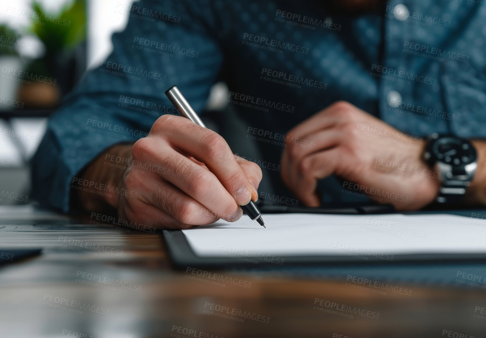 Buy stock photo Hands, document and businessman writing with pen for loan, mortgage or debt consolidation. Professional, contract and male financial advisor with signature for company b2b finance deal paperwork.