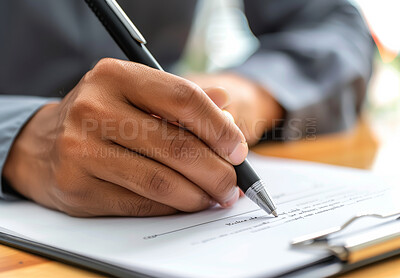Man, contract and hand with pen on documents for compliance, legal agreement and application. Administration, business deal and person with paper for financial investment, partnership and information