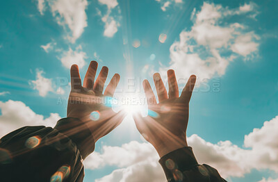 Hands, pray and person with hope, flare and faith for grace, light and forgiveness with compassion. Sunshine, Christian and outdoor with nature and believe with worship and spiritual with gratitude