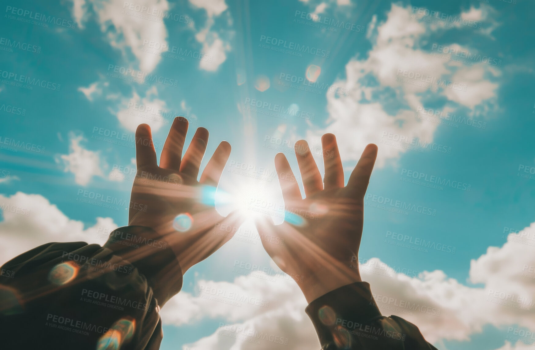 Buy stock photo Hands, pray and person with hope, flare and faith for grace, light and forgiveness with compassion. Sunshine, Christian and outdoor with nature and believe with worship and spiritual with gratitude