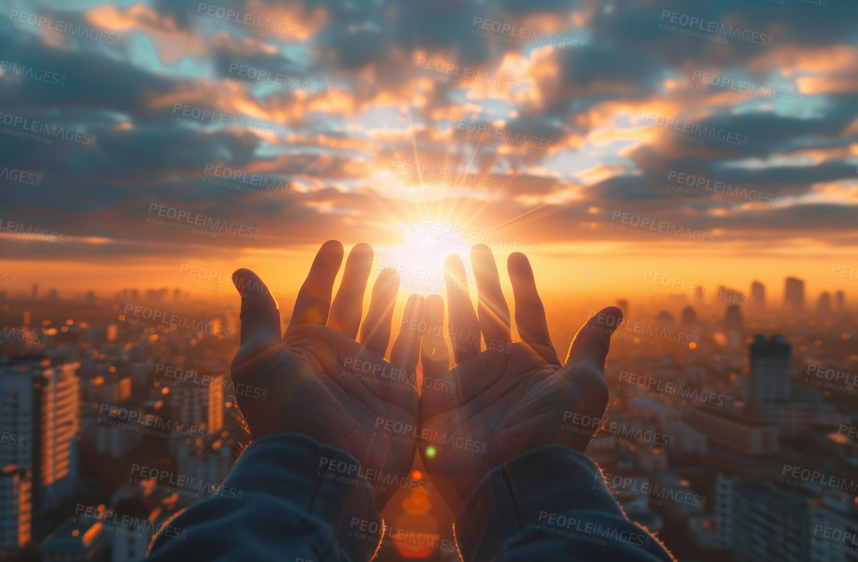 Buy stock photo Sunset, outdoor and palms of hands for hope with future, spiritual and freedom for wellbeing. Silhouette, city and night for prayer, worship and peace with thanks, light and energy for zen in summer