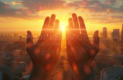 Hands, palms and sunset with hope worship at cityscape for future prayer or believe, peace or light. Fingers, rays and urban buildings for career opportunity or downtown with thanks, sky or evening