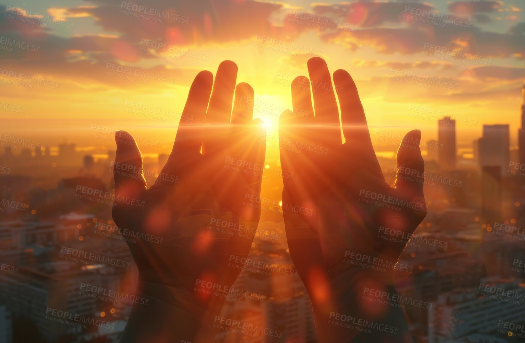 Buy stock photo Hands, palms and sunset with hope worship at cityscape for future prayer with believe, peace or light. Person, fingers and never give up or grateful with praise with thanks or faith, sky or evening