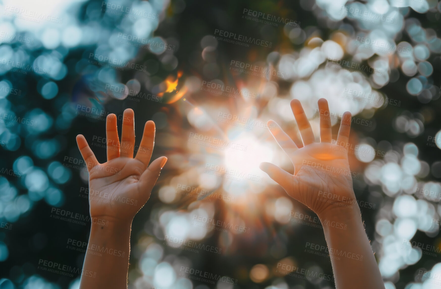 Buy stock photo Hands, pray and person with faith, flare and worship for grace, praise and forgiveness with compassion. Sunshine, Christian and outdoor with nature and believe with faith and spiritual with gratitude