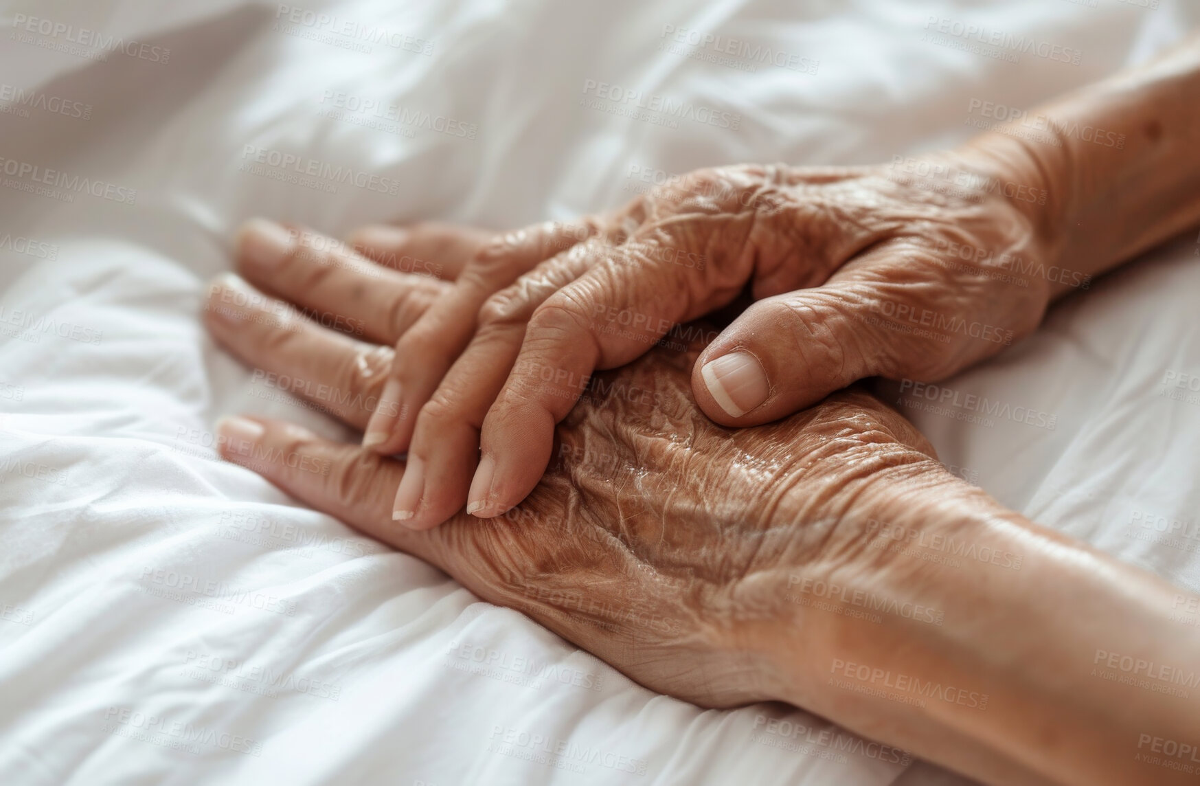 Buy stock photo Hands, elderly and person in bed, health and rehabilitation in hospital, recovery and wellness for patient. Retirement, senior and sickness of old age, healthcare and comfort bedroom of nursing home