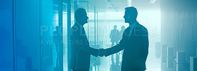 Business people, men and handshake for corporate deal, agreement and contract with teamwork. Partnership, employees and coworkers in modern office, cooperation and collaboration with thank you or b2b