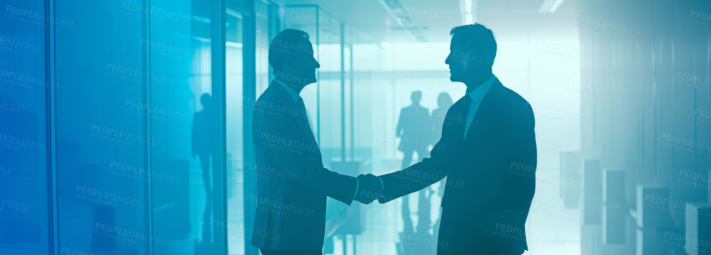 Buy stock photo Business people, men and handshake for corporate deal, agreement and contract with teamwork. Partnership, overlay and employees in modern office, cooperation and collaboration with banner and b2b