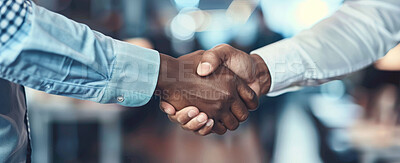 Business people, handshake and meeting in cafe for introduction, hello and b2b agreement. Entrepreneur shaking hands with investor in startup, partnership and consultation for advice on retail growth