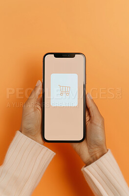 Buy stock photo Smartphone, studio and hands  for online shopping, screen and ecommerce on technology or networking. Internet, marketplace for convenience with website to purchase, connection for digital storefront