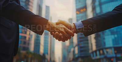 Business, people and handshake in city outdoor for success on deal, teamwork and collaboration. Hands, partnership and achievement with congratulations, agreement and respect in New York downtown
