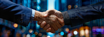 Handshake, city and thank you for business, people and networking of deal, bokeh and meeting for project. Partnership, collaboration and agreement of employee, client and teamwork for negotiation