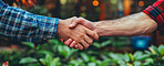 Handshake, people and deal in countryside with partnership in closeup with shaking hands for business meeting. Agreement, hustle and trust with well done for agriculture industry with reputation