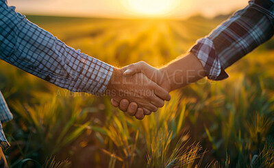 Handshake, deal and people in countryside with partnership in closeup with shaking hands for business meeting. Field, trust and agreement with lens flare in agriculture industry with collaboration