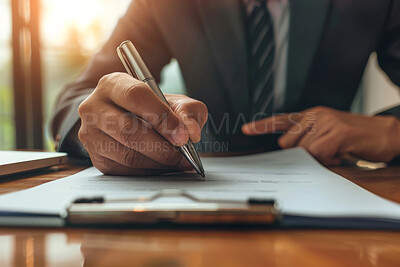 Hands, paperwork and businessman writing with pen for loan, mortgage or debt consolidation. Professional, contract and African male financial advisor with signature for company tax return document.