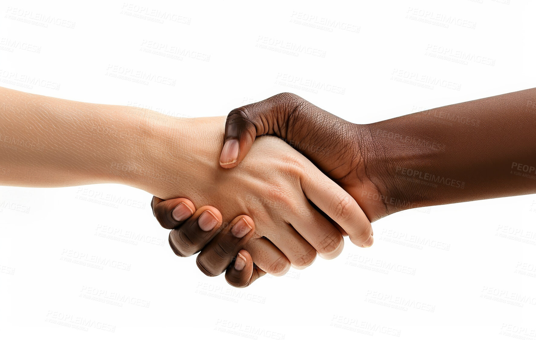 Buy stock photo People, agreement and handshake for success in studio on white background for deal, teamwork and collaboration. Hands, partnership and achievement congratulations, trust and welcome for opportunity