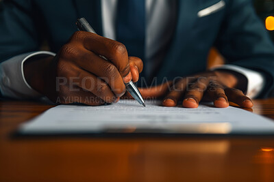 Hands, contract and businessman writing with pen for loan, mortgage or debt consolidation. Professional, paperwork and African male financial advisor with signature for company tax return document.